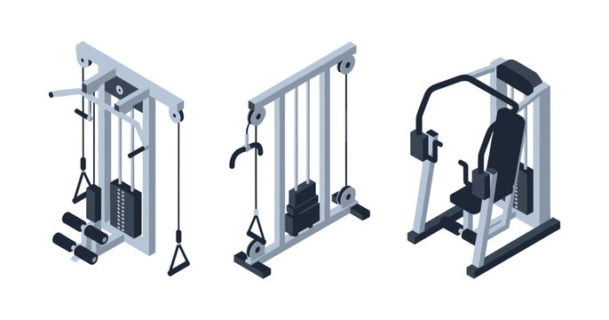 Isometric gym equipment set: weight machine, pulley system, fitness bench press