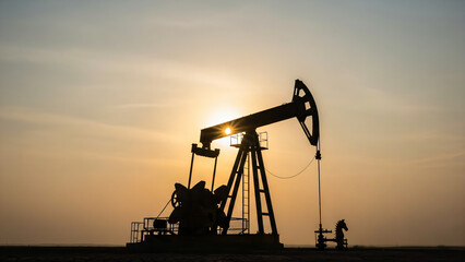 A silhouette of an oil pumpjack is centered against a setting or rising sun in a wide outdoor shot. The pumpjack, a large, industrial structure is used for extracting crude oil.