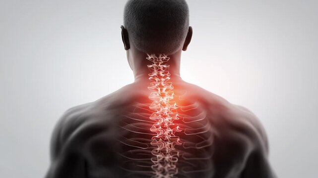 Human back with highlighted spine and neck pain area, medical anatomy concept showing posture, health problem, discomfort, and musculoskeletal system focus