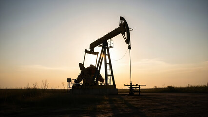 A low-angle, wide shot shows a single oil pumpjack silhouetted against a bright, hazy sky during either sunrise or sunset. The machinery is positioned in the center of the frame.