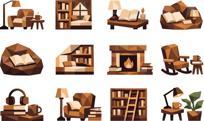 Cozy Library Icons. Quiet reading corners and cozy library ambiance represented through a professional low-poly vector icon set