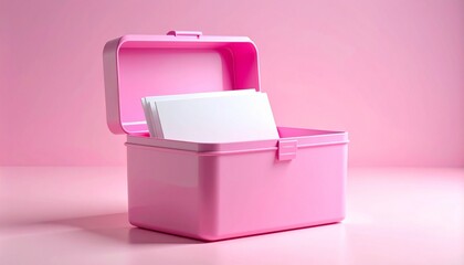 Pink plastic box with open lid containing upright white index cards on soft pink gradient background.