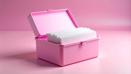 Pink plastic box with open lid containing upright white index cards on soft pink gradient background.