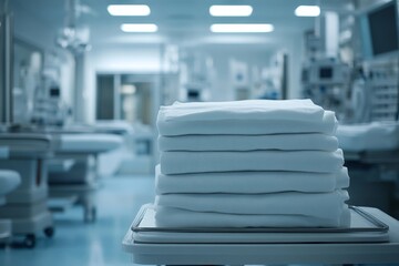 A stack of neatly folded white medical linens on a tray in a modern hospital room with soft lighting and a clean, professional atmosphere.