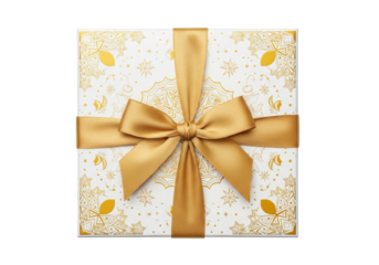 gilded ribbon gift box with ornate gold pattern and bow