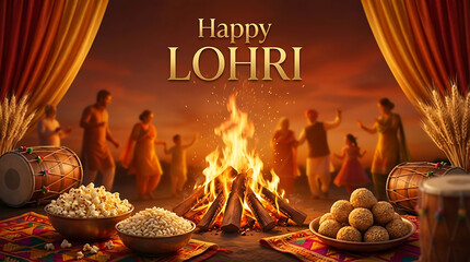 Fototapeta na wymiar Festive happy lohri celebration scene with burning bonfire and bowls of popcorn in foreground and blurred people dancing bhangra in background