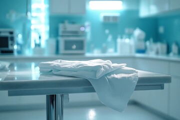 A clean, modern medical scene featuring a sterile surgical cloth on a table in a bright, hygienic operating room with soft lighting and a calm professional atmosphere.