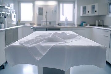 A clean, modern medical room with a white surgical cloth draped over a table, emphasizing hygiene and professionalism in a bright, sterile environment.