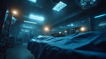A sterile operating room with a draped surgical table under cool blue lighting, conveying a calm and professional medical environment.