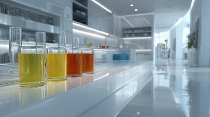 A clean, modern medical laboratory scene with test tubes containing colorful liquids arranged on a reflective white counter under soft, cinematic lighting.