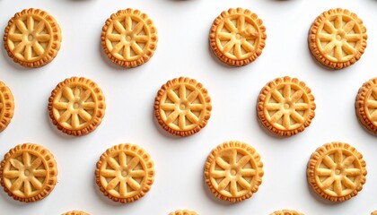 Wheel-shaped golden cookies arranged on white background, showcasing geometric consistency and baked texture.