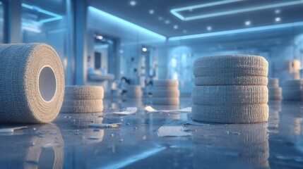 A modern medical scene featuring neatly stacked bandages and medical tape rolls on a reflective floor under soft blue lighting, conveying cleanliness, precision, and professionalism.