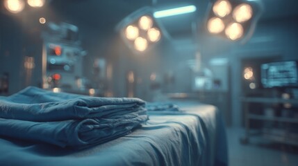 A clean, modern medical scene featuring a sterile surgical cloth on an operating table under soft, cinematic lighting in a hospital setting.