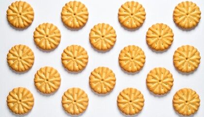 Wheel-shaped golden cookies arranged on white background, showcasing geometric consistency and baked texture.