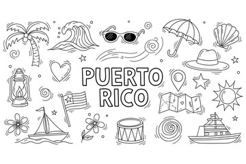Fototapeta premium Puerto rico travel icons: beach, culture, and adventure illustrations