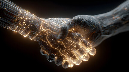 a digital handshake blending human and technology with glowing circuit board patterns futuristic style dark background concept of innovation ai generative