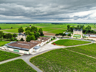Obraz premium Chateau Pichon Longueville Baron Vineyard and grape fields around Pauillac from a drone, Bordeaux, Gironde, Nouvelle-Aquitaine, France, Europe