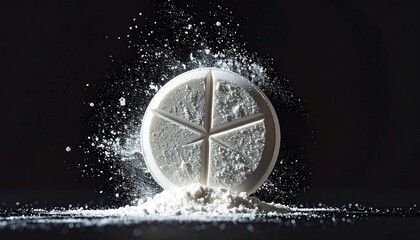 A dramatic close-up of a white medicinal tablet with a star score mark, creating an explosive burst of powder upon impact on a dark surface. Concept for pharmacology, drug efficacy, and healthcare.