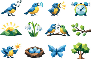 Obraz premium Singing Birds Icons. Low-poly vector icon set for birds singing louder and early spring awakening, featuring angular polygonal