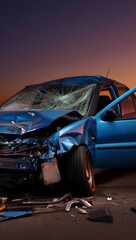 Blue Car Crash Damage Sunset Sky