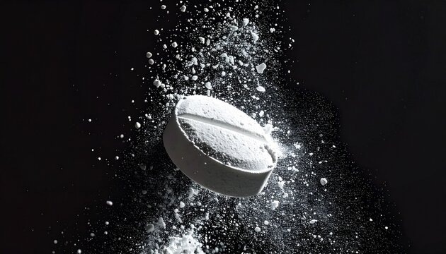 Dramatic macro shot of a white pill exploding into a cloud of fine powder particles. The high-contrast image on a black background symbolizes pharmaceutical science, medicine, and treatment.