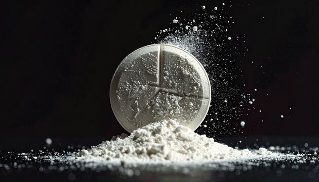 Close-up of a white medicinal tablet divided into quarters, standing on a pile of crushed powder with a dramatic explosion of particles against a stark black background. Concept for pharmacy.