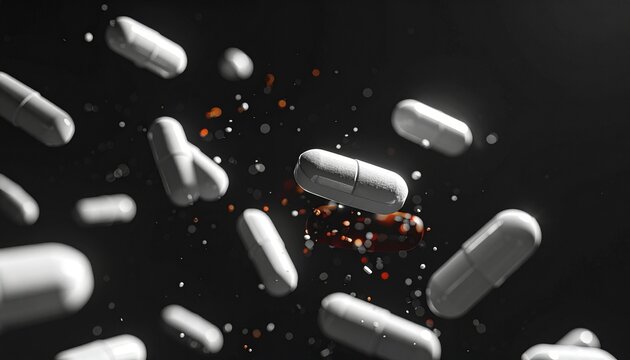 Abstract macro shot of white medication pills floating on a dark background. Dynamic composition representing scientific innovation, modern healthcare, pharmaceutical industry, and drug development.