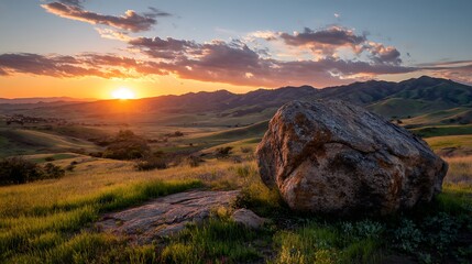 A picturesque sunset over rolling green hills and a massive boulder in a tranquil outdoor setting