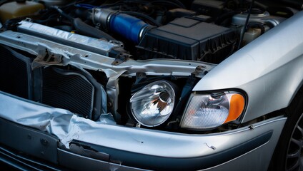 Damaged Silver Car Front Closeup