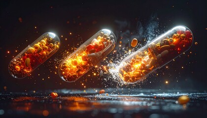 Dynamic close-up of three glowing transparent capsules filled with various pills and tablets, symbolizing pharmaceutical innovation, medical research, and the future of advanced healthcare technology.