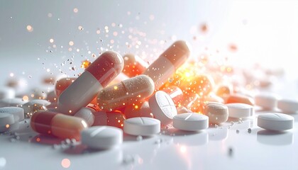 Assortment of pharmaceutical pills and capsules on a white surface with glowing magical light and bokeh particles, representing medical innovation, drug discovery, healthcare and scientific research.
