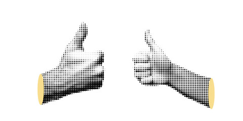 Halftone Human hand gestures, vintage collage style, black and white halftone texture, in retro comic book style with bold dotted texture. High contrast black and white image, isolated on white backgr