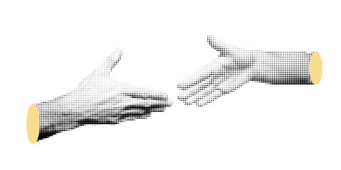 Halftone Human hand gestures, vintage collage style, black and white halftone texture, in retro comic book style with bold dotted texture. High contrast black and white image, isolated on white backgr