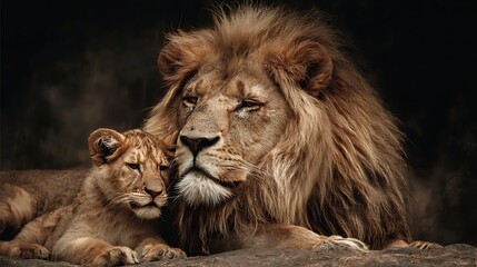 Fototapeta premium A regal lion and a cub nestled together, evoking tenderness and familial connection