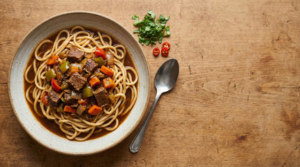 Traditional Lagman Hand-Pulled Noodles with Beef and Stir-Fried Vegetables in Savory Sauce