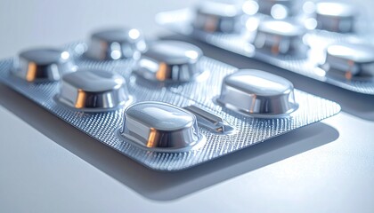 Close-up of silver blister packs containing pills or tablets. Concept for healthcare, medicine, pharmacy, pharmacology, treatment, and the pharmaceutical industry on a clean white background.