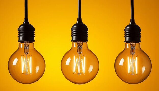 Three vintage Edison bulbs hanging from black sockets against vibrant yellow-orange gradient background