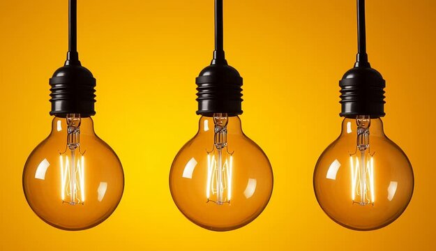 Three vintage Edison bulbs hanging from black sockets against vibrant yellow-orange gradient background