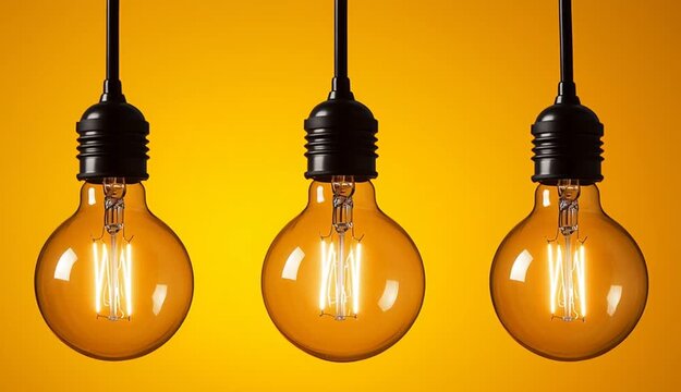 Three vintage Edison bulbs hanging from black sockets against vibrant yellow-orange gradient background