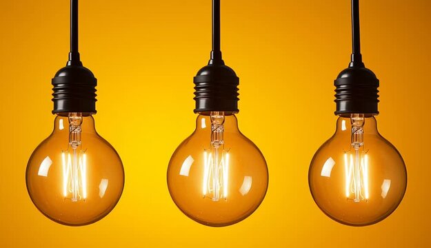 Three vintage Edison bulbs hanging from black sockets against vibrant yellow-orange gradient background
