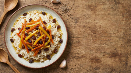 Uzbek Style Pilaf with Rice Golden Carrots and Sweet Raisins on Rustic Table