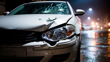 White Car Night Crash Accident Rain