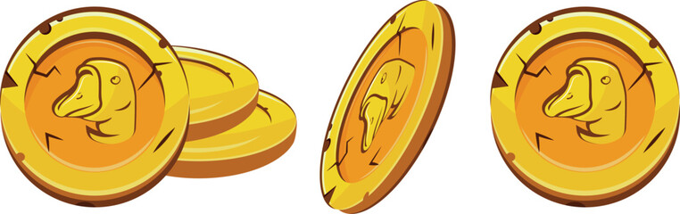 set of gold coins in different shapes and perspectives and with animal designs, namely with a goose, for businesses, games or casino designs