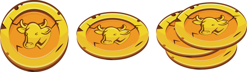 set of gold coins in different shapes and perspectives and with animal designs, namely with a cow, for businesses, games or casino designs