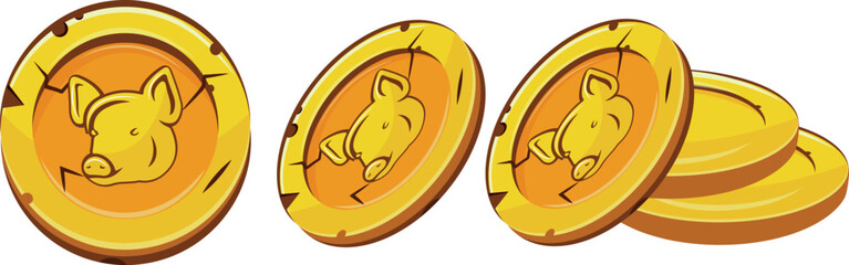 set of gold coins in different shapes and perspectives and with animal designs, namely with a pig, for businesses, games or casino designs