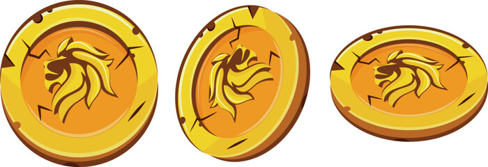 set of gold coins in different shapes and perspectives and with animal designs, namely with a lion, for businesses, games or casino designs