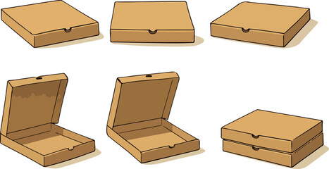 set of icons of a kraft pizza box from different angles and perspectives, for menus, promotional materials or social media