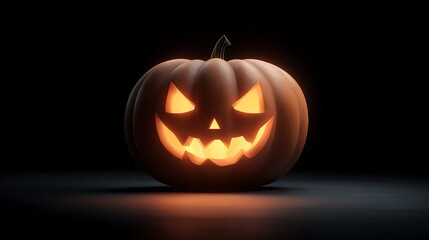 A sinister, glowing jack-o'-lantern against a stark, black background, radiating a spooky ambiance