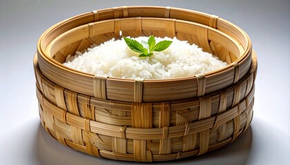 steamed white rice served inside a bamboo woven container