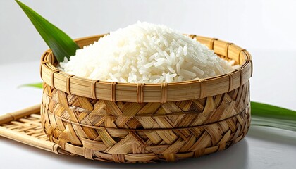 steamed white rice served inside a bamboo woven container